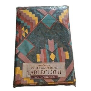 Vintage 90s Green HomeTrends Aztec Flannel Back Vinyl Tablecloth 60"x84" OBLONG